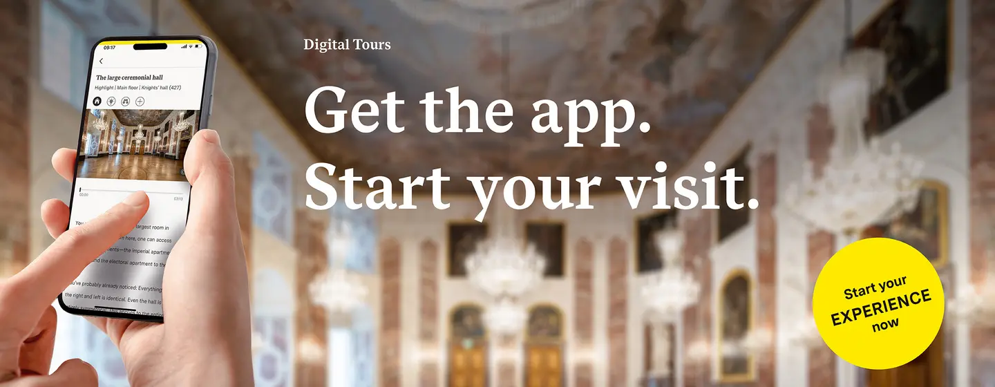 Motiv: Staaliche Schlösser und Gärten Baden-Württemberg, Illustration: JUNG:Kommunikation GmbH Baroque castle Mannheim, advertising banner for the app "Monument BW"